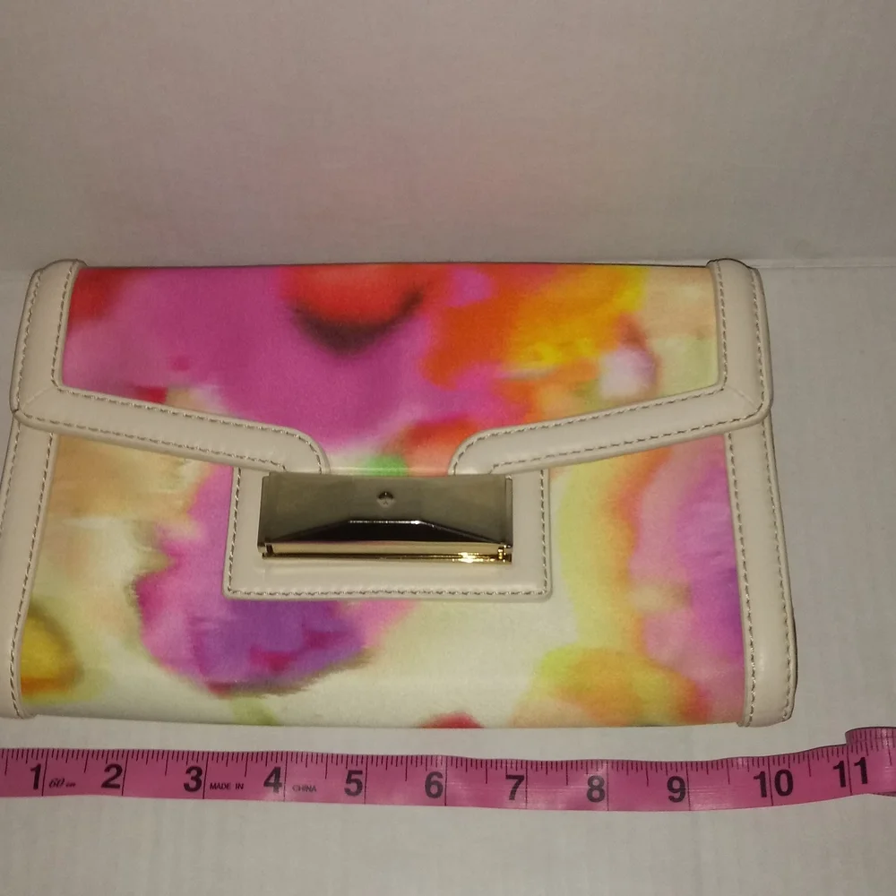 KATE SPADE MULTI COLOR SATIN CLUTCH WITH LEATHER TRIM - Picture 12 of 13